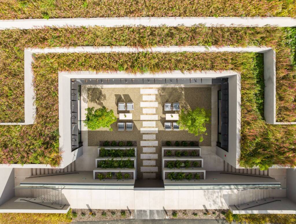 Top-down view of terraced garden rising around sunken patio at tasting room.