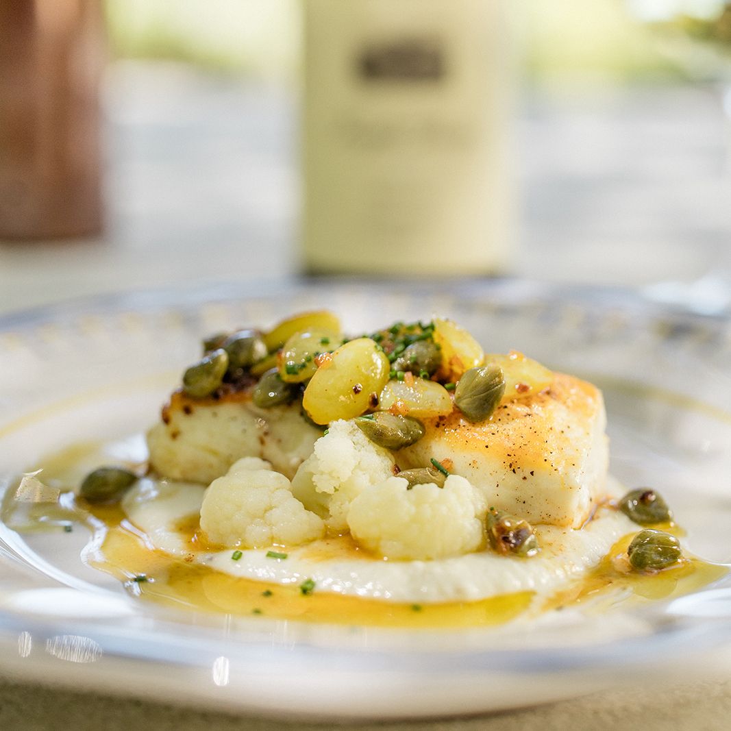 From the Estate Kitchen—Pan-Seared Halibut with Cauliflower Purée & Brown Butter Grapes